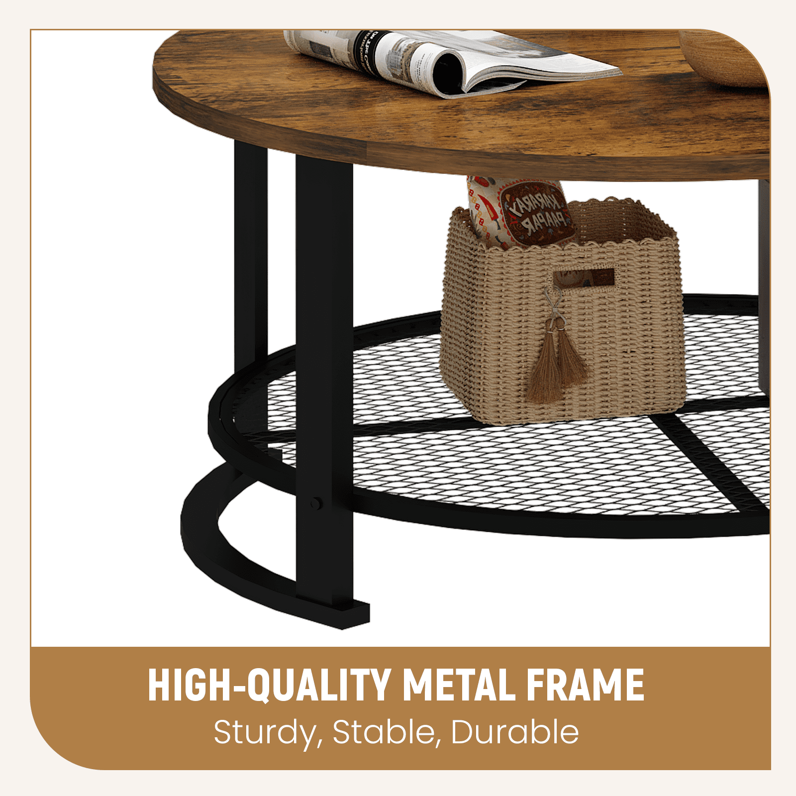 MIERES Round Coffee Table Set of 3, 2-Tier Metal Mesh Storage Shelf Living Room Set with 1 Large Center Table & 2 Small End Tables, Space-Saving Wooden Tea Table for Home Office Apartment, Brown