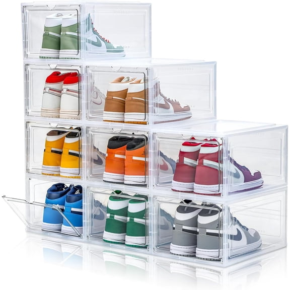 Upgraded X-Large 9 Pack Clear Shoe Storage Organizer,Stackable Shoe Rack for Closet,Plastic Shoe Boxes with Magnetic Door,Shoe Containers For Sneaker Display,Fit up to US Size13