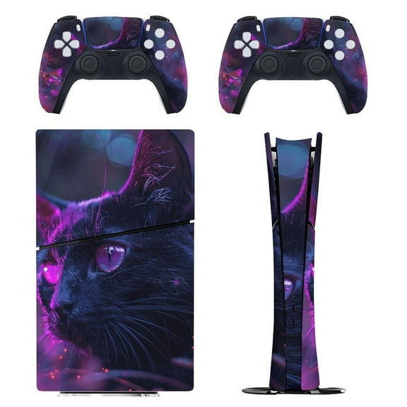 Skin Sticker for PS5 Slim Standard Disc Digital Edition Console and Controllers Decals for Playstation 5 (Neon Dark Cat,PS5 Slim)