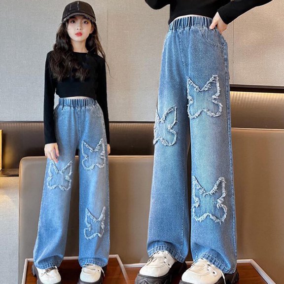 Crunowin Girls Denim Pants, Butterfly Embroidery Summer Loose Straight Wide Leg Casual Jeans Size 7
