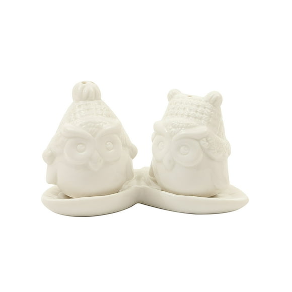 Creative Co-Op Ceramic Owl Salt and Pepper Shakers with Tray (Set of 3), White