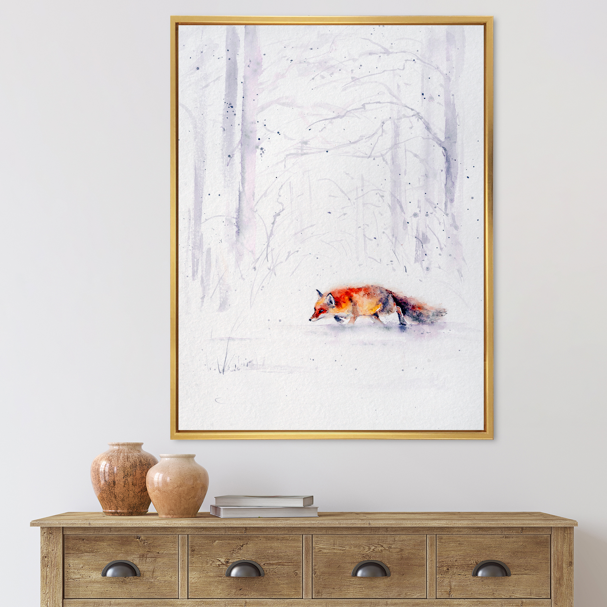 Designart 'Red Fox Running In White Snow in Countryside II' Farmhouse Framed Canvas Wall Art Print
