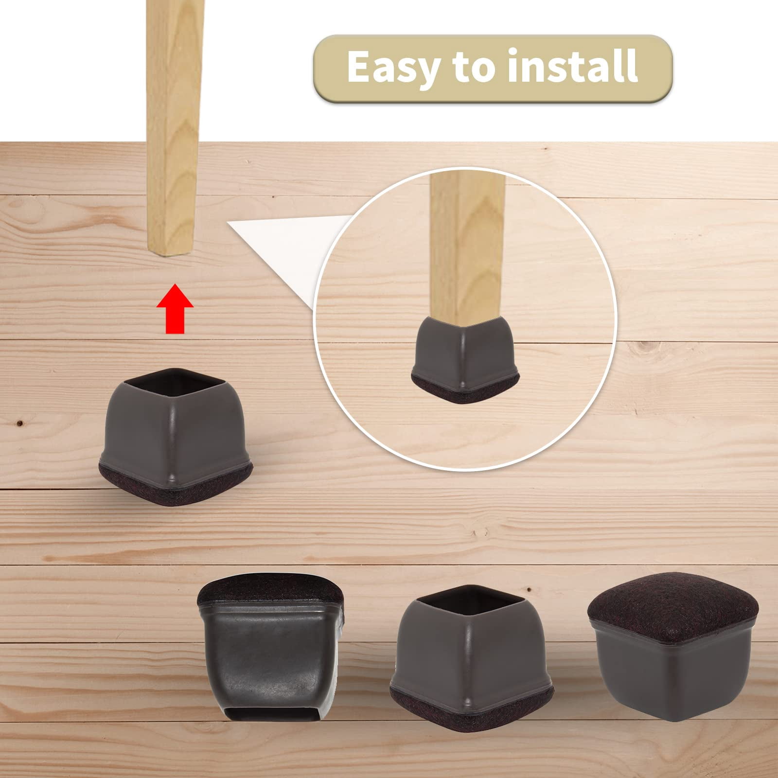 Flyshop 8PCS Square Chair Leg Caps with Felt Pads Durable Floor Protectors for Hardwood Floor Prevent Scratches Reduce Noise Foot Cap, Dark Brown Protective Caps, 19 to 25 mm