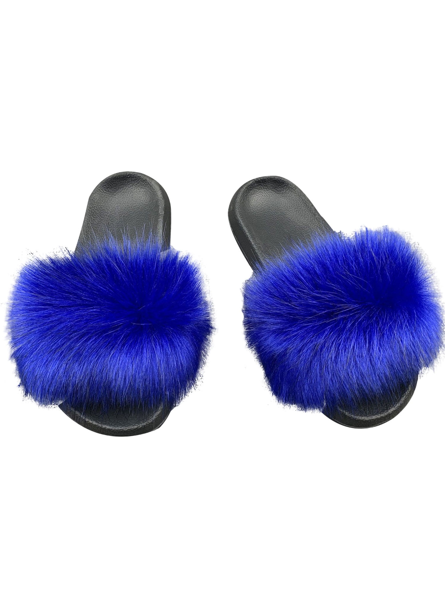 blue fuzzy slides