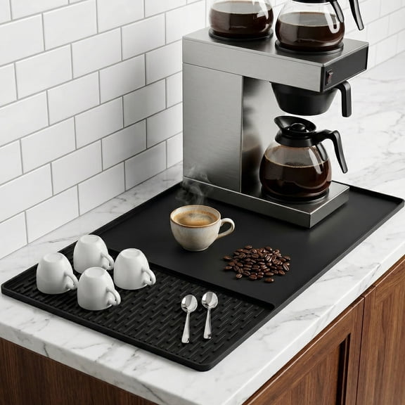 Silicone Coffee Mat for Countertop, 24”x16” with Detachable Dish Drying Mat, Coffee Bar Mat with Raised Edge, Coffee Maker Mat, Espresso Machine Mat, Coffee Station Mat, Bar Mat for Kitchen Counter