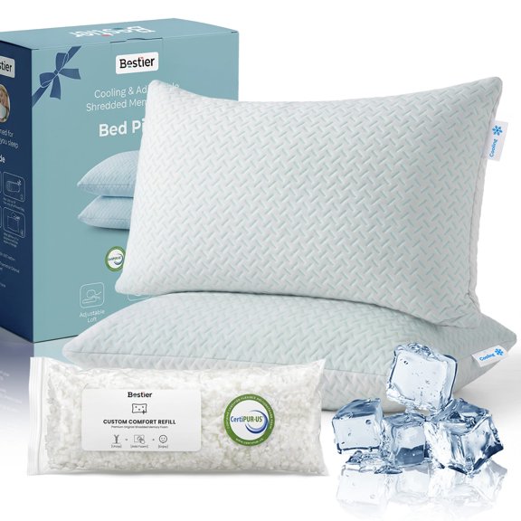 Bestier Cooling Queen Pillows for Bed 2 Pack, Adjustable Memory Foam Pillows with Shredded Memory Foam & Microfiber Fill, White