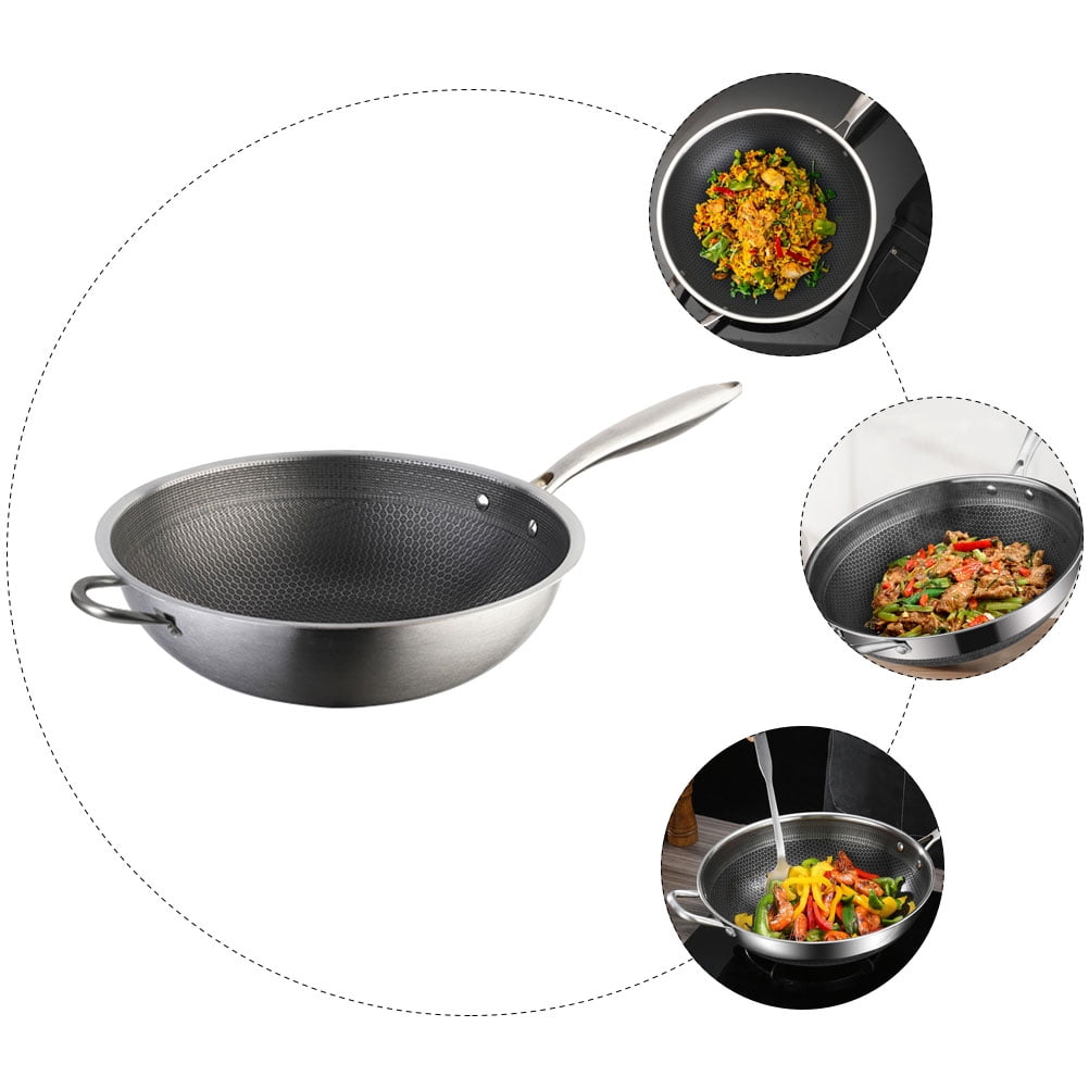 Stainless Steel Wok Honeycomb Structure Frying Pan Double Handles Chinese Wok, Size: 64X34X10CM, Other
