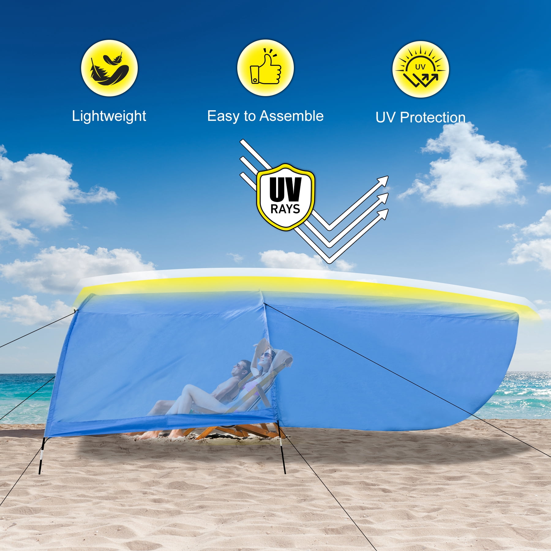 New Beach Shade with Quiet Canopy, The Beach Shade Canopy，Beach Canopy - Covers Up to 8 People, 200 Sq. Ft. of Shade, Sets Up in 3 Minutes, Lightweight, Compact, Wind Assist Included