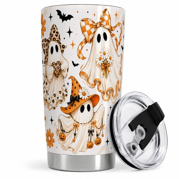 Cute Bow Ghost Tumbler, 20oz Insulated Drinkware for Halloween Fans Stainless steel insulated tumbler with lid, cute bow ghost artwork for water, iced coffee, tea, or desk use