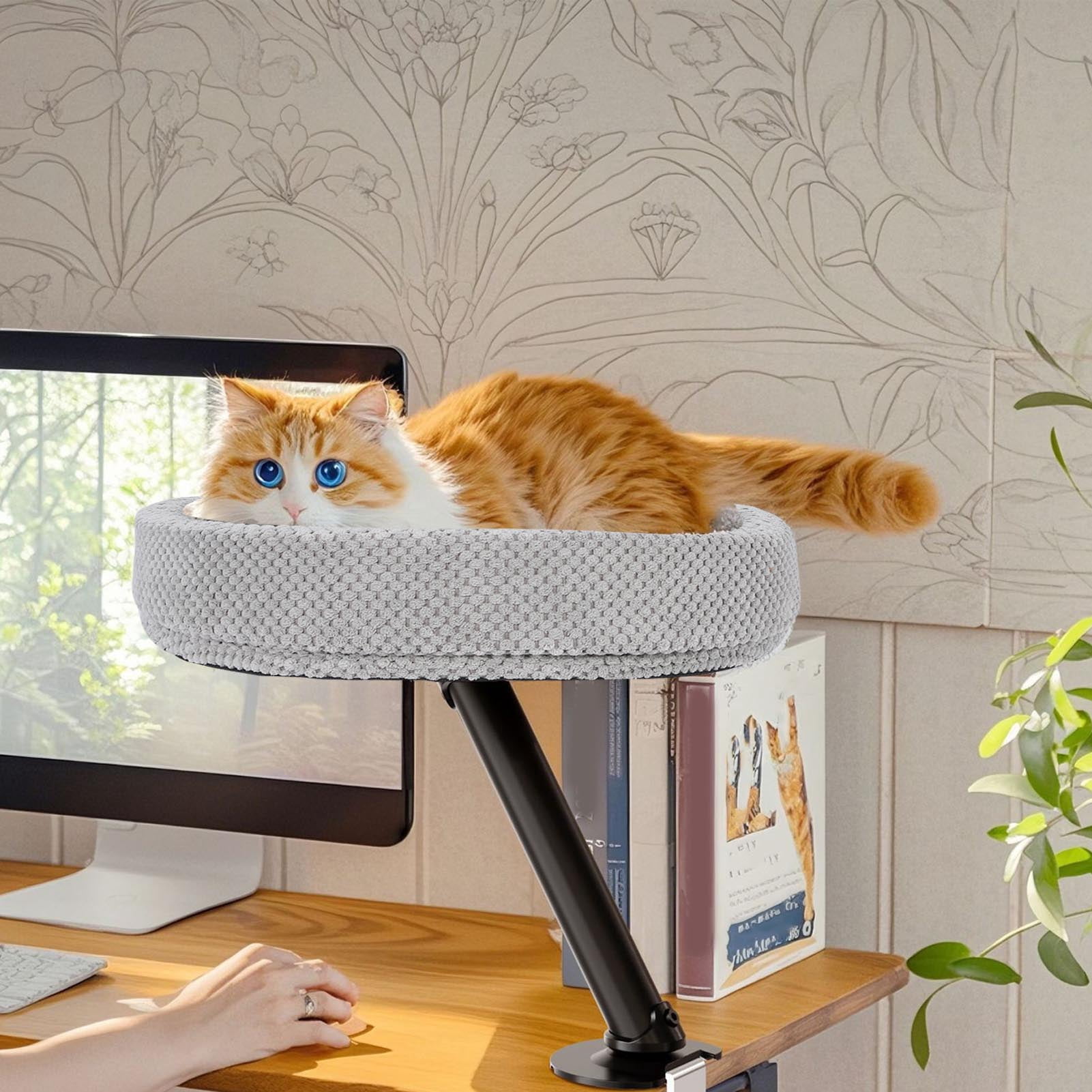Rupoun Cat Desk Bed Comfortable Desktop Attachment Cat Perch High Strength Iron Structure Kitten Furniture for Office Space Saving Hammock (15.75 inches / 40 cm), Black