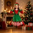 thumbnail image 3 of CUZIBR Kids Girls Christmas Elf Costume 3 PC Outfits Dresses And Socks Hat Set Long Sleeve Crew Neck Lovely Photo Shoot Wear,Red,5-6 Years, 3 of 6
