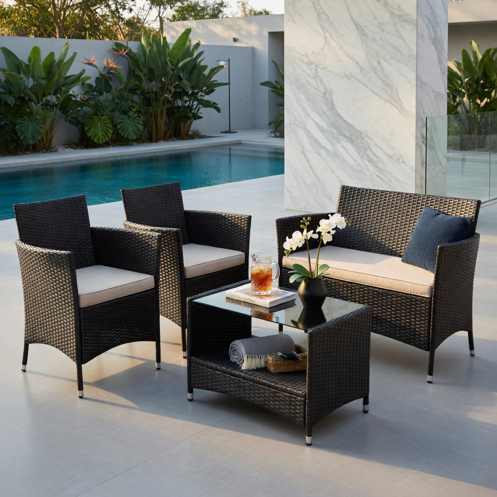 Hommoo 4-Piece Outdoor Patio Conversation Set, PE Rattan Loveseat & Armchairs with Tempered Glass Coffee Table and Removable Cushions, Black