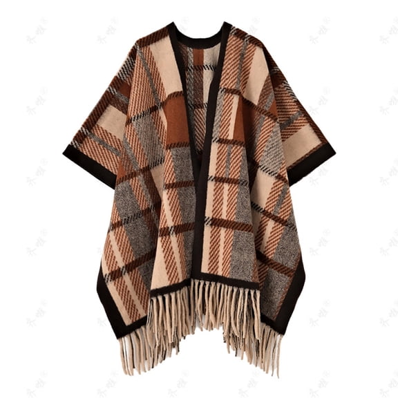 Gpaecead Plus Size Faux Mink Knit Cape - Plaid Pattern Long Sleeve Shawl With Qipao Style Fringe Coffee