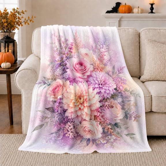 Pastel Rose Dahlia and Lavender Watercolor Bouquet, Soft Botanical Floral Art for Flower Lovers, Birthday Gift, Soft Flannel Blanket for Bedroom, Floral Home Decor