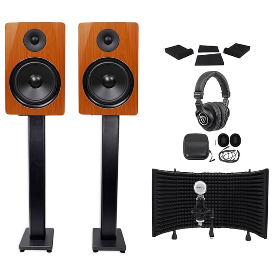 2) Rockville DPM8C 8" 600w Active Studio Monitors+Stands+Headphones+Mic+Shield
