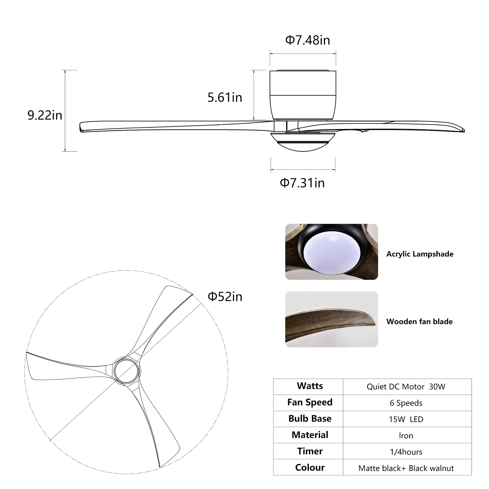 Flush Mount Ceiling Fan with Light, 52 Inch Solid Wood Blade Low Profile Fan for Home Indoor, Matte Black