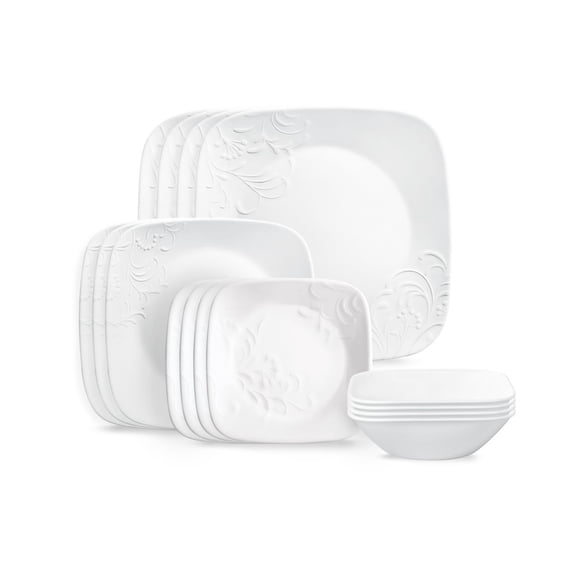Square 16-Piece Dinnerware Set for 4, White with Floral Embossing