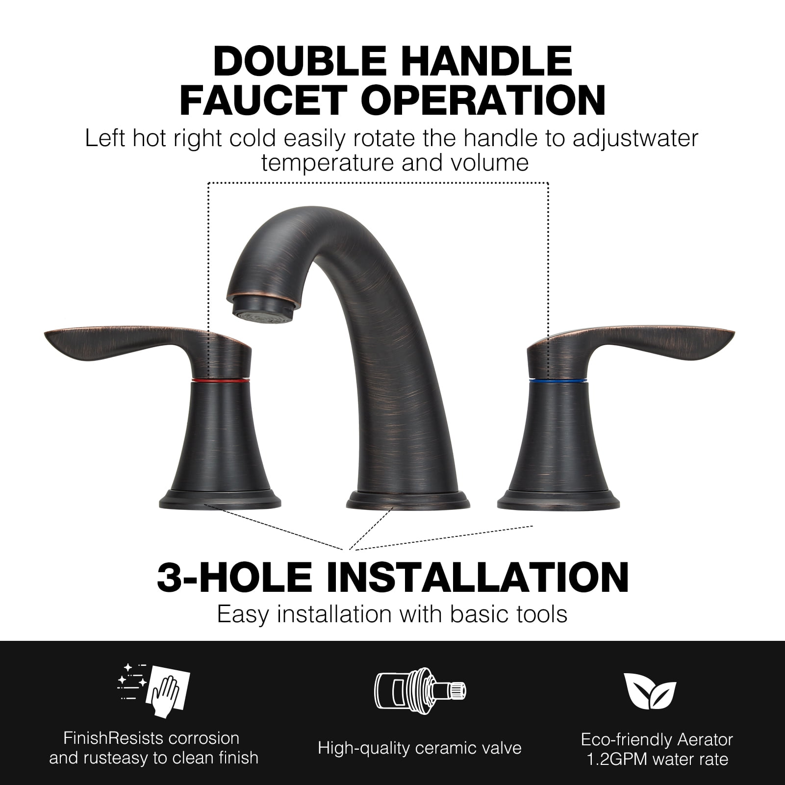Bathroom Faucets for Sink 3 Hole, Faucet for Bathroom Sink, Widespread Bathroom Sink Faucet with Pop-up Drain and Supply Lines, for Bathroom Sink Vanity RV Farmhouse Sink