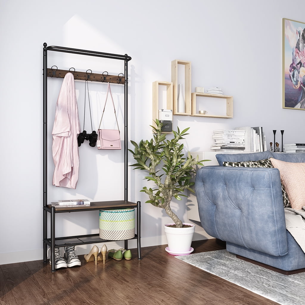 LANGRIA Entryway Metal Storage Shoe Bench with Coat Rack, 3 Tiers and 5 Free Hooks Black Finish