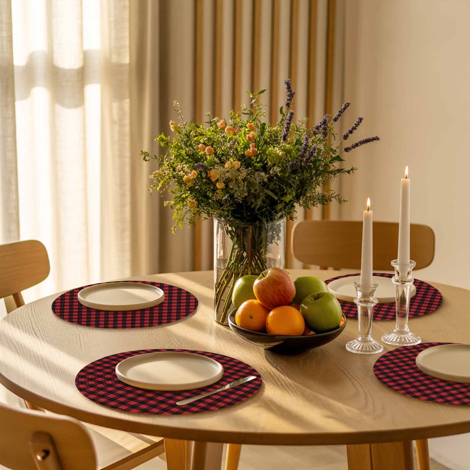 Round Woven Placemats set of 6, Rustic Red Black Buffalo Check Plaid Pattern Washable&Heat Resistant Plastic Wipeable Placemats for Round Table Christmas Kitchen Dining Table Decor, 13in,