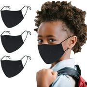 4-Pack Adjustable Face Masks for Kids 3-Layer Childrens Mask Black Cotton Elastic Reusable Washable Mouth Nose Cover Waterproof (Kids 5-14)