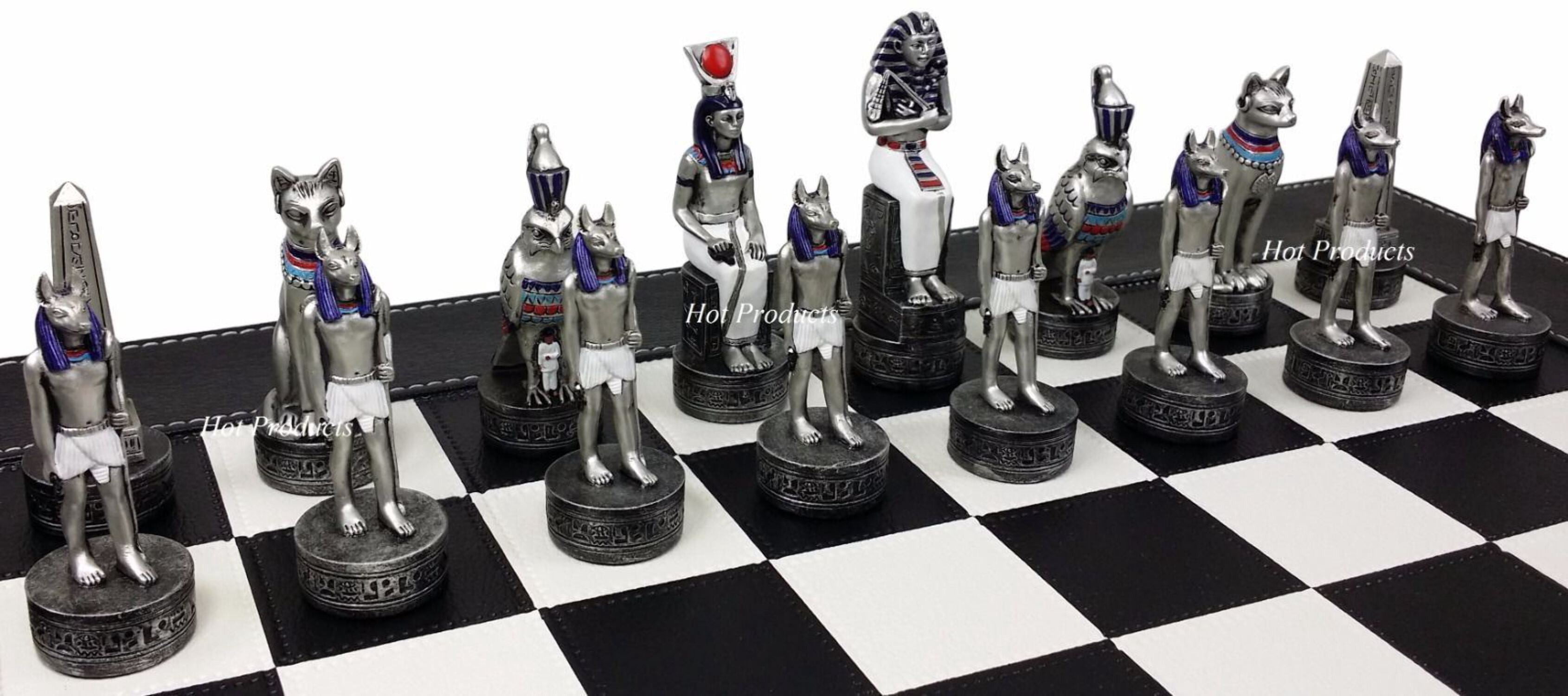 Egyptian Anubis Chess Set Gold  Silver Painted Men W/ 18" Faux Leather Board