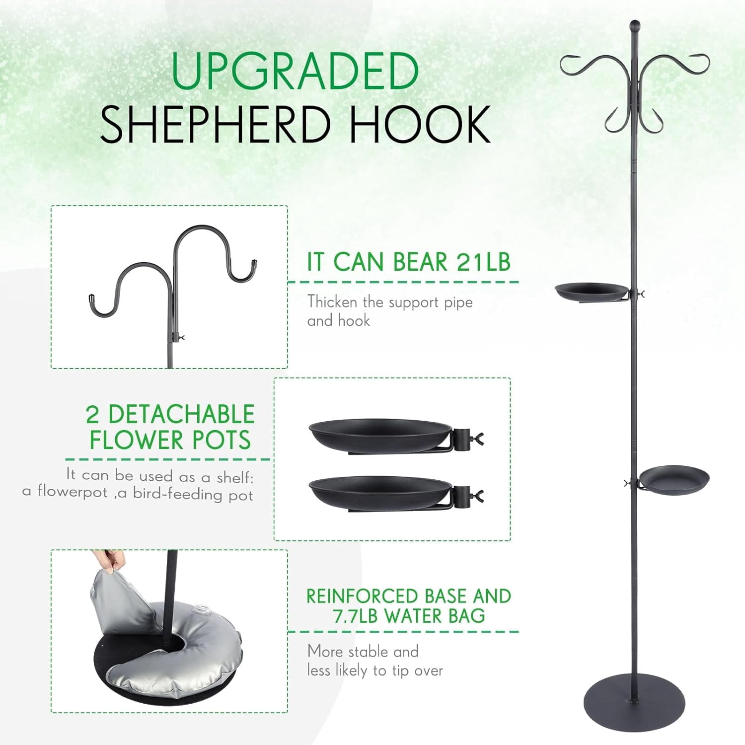 1 Set Upgraded 75.9" Shepherds Hook for Bird Feeder, Hanging Plant Wind Chime Stand, Metal Adjustable Standing Pole Holder for Indoor Outdoor, with 2 Rack & Weight Bag (2 Hooks)