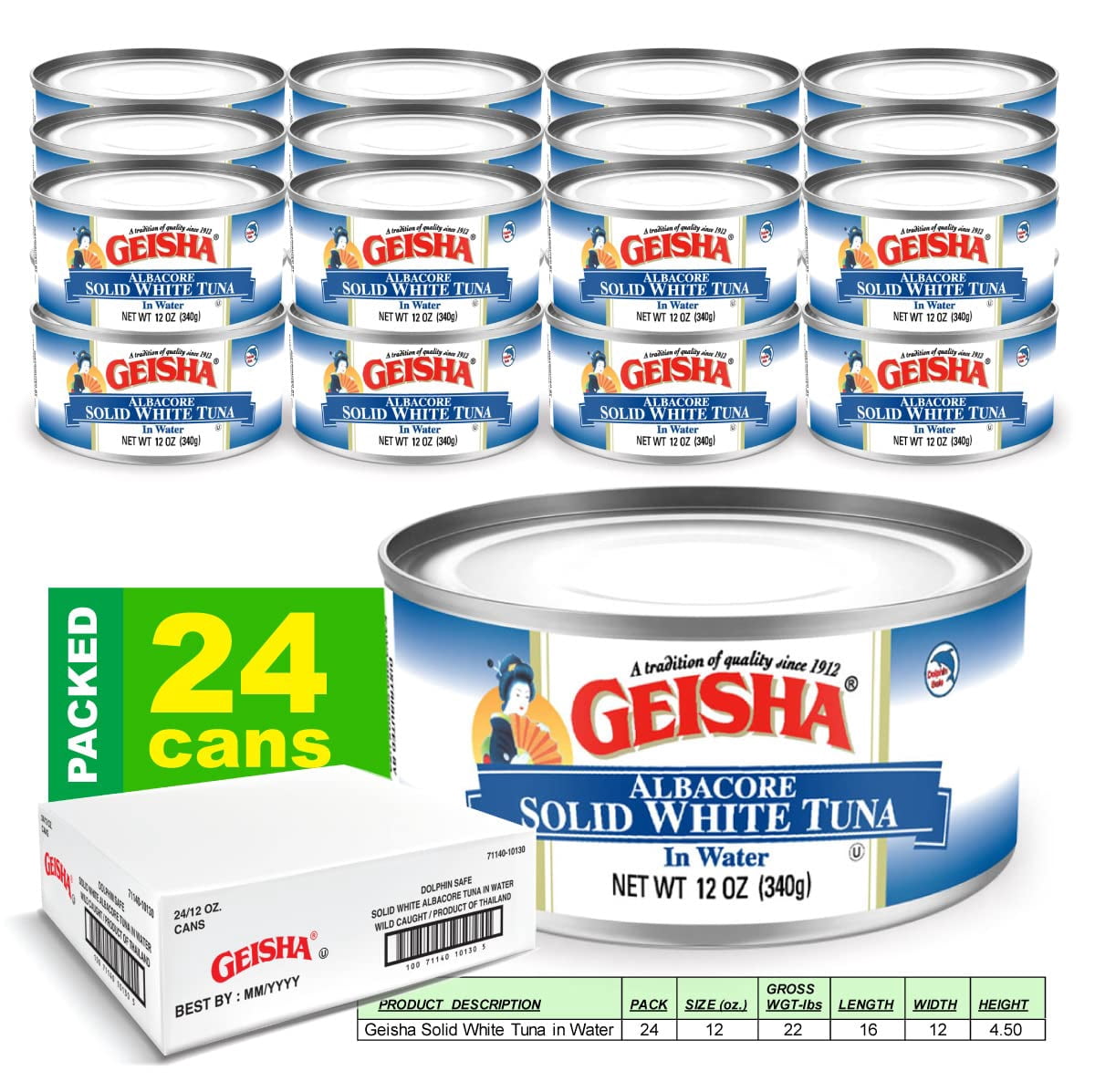 GEISHA Solid White Tuna In Water 12oz(Pack of 24), Canned Albacore Tuna | No Trans Fat - No Sugar Added – Kosher Certified – Gluten Free – Omega 3 – Good Source of Protein