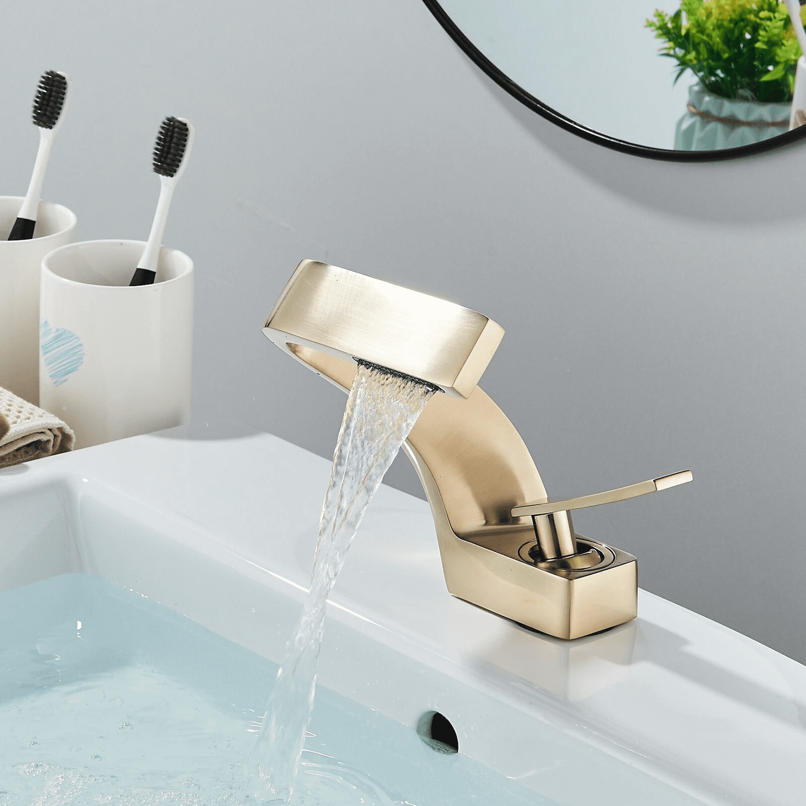 Zovajonia Brushed Gold Deck-Mounted Basin Faucet Single Hole Snake Shape Creative Bathroom Sink Faucet Hot and Cold Water Mixer Tap With Two Hoses