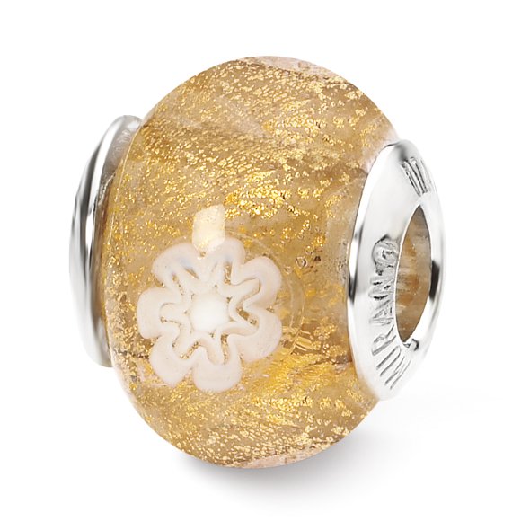 925 Sterling Silver Charm For Bracelet Gold/white Flower Italian Murano Bead Glas
