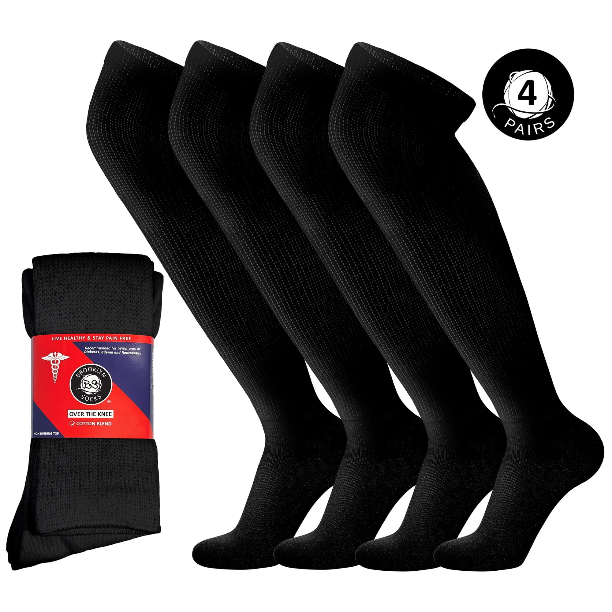 4 Pairs of Diabetic Over the Knee Cotton Socks (Black, Sock Size 10-13, Fits US Men's Shoe Size 10-11.5)