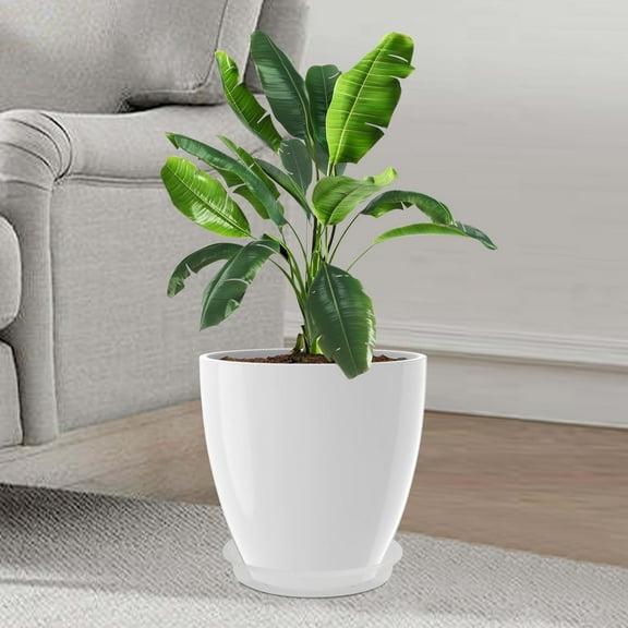 Gamexcel 12inch Round White Resin Planter with Drainage Holes Modern indoor/Outdoor Garden Patio Deck