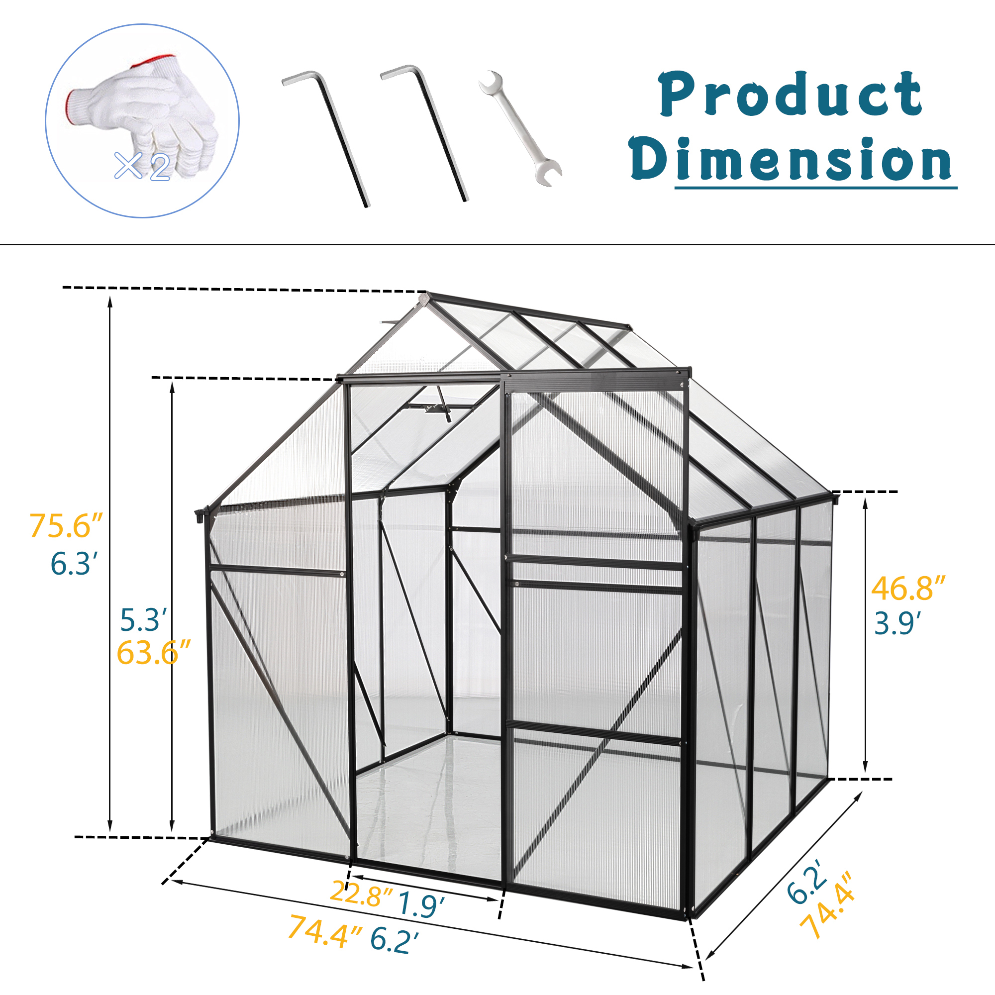Kosynda 6' x 6' Polycarbonate Greenhouse with Double Door and Anchor, Aluminum Heavy Duty Walk-in Green Houses Kit with Rain Gutter and Roof Vent for Outdoor Backyard Garden in All Season, Black