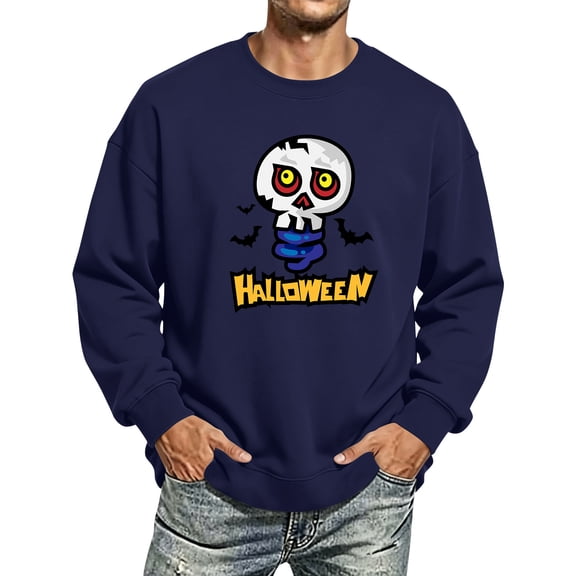 Halloween Themed Sweatshirt for Men Ghost Pumpkin Graphic Casual Long Sleeve Spooky Pullover Sweatshirts Fall Winter Fashion Comfy Tshirts Navy XL