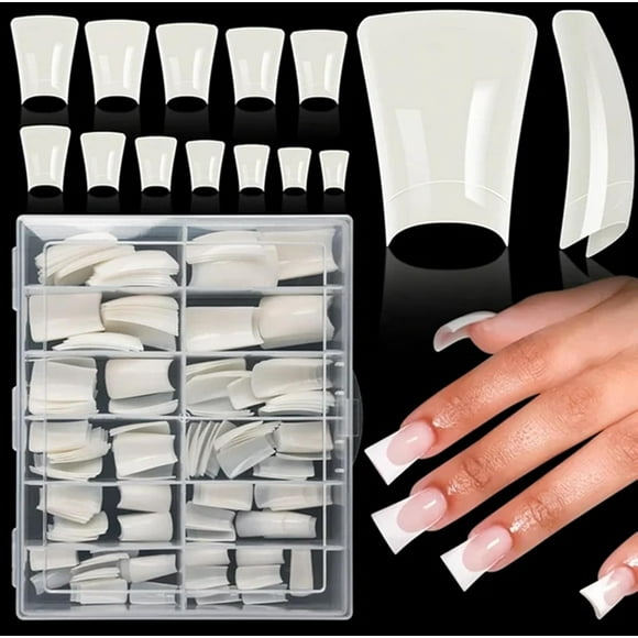 TRAHOO-Duck Nail Tips Clear Nature Nail Tips Curved Duck Feet Style Half Cover False Nails Wide French Nails Extension Press On Nails (120pcs Natural With Box, short)