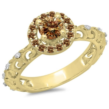 0.80 Carat (ctw) 18K Yellow Gold Round Cut Champagne & White Diamond Ladies Bridal Vintage Halo Style Engagement Ring 3/