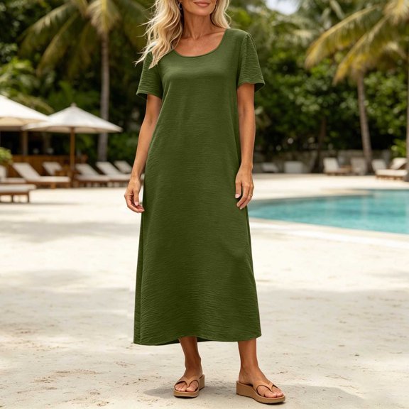 Josdec Women's Round Neck Short Sleeve Side Pocket Loose Maxi Dress S-XXL Solid Color Casual Dress for Daily Wear in Spring Summer