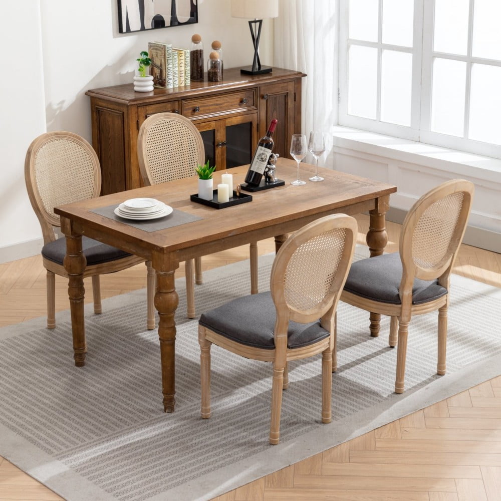 French Style Dining Chairs Set of 2, Solid Wood Upholstered Kitchen Chairs with Rattan Backrest, Linen Fabric, Antique Finish, Light Gray