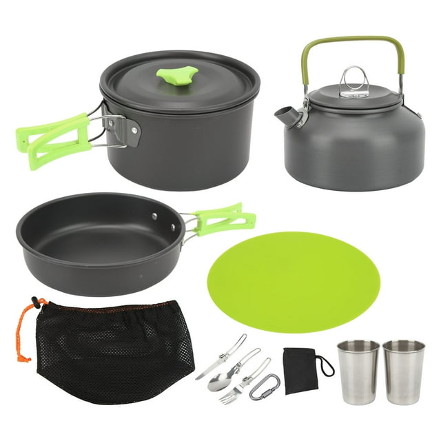 Kit de Cuisine Extérieur, Ensemble de Cuisine de Camping Antiadhésif Fourchette Couteau Cuillère Pliable Facile à Transporter avec Sac de Rangement pour Randonnée Orange, Vert, Noir