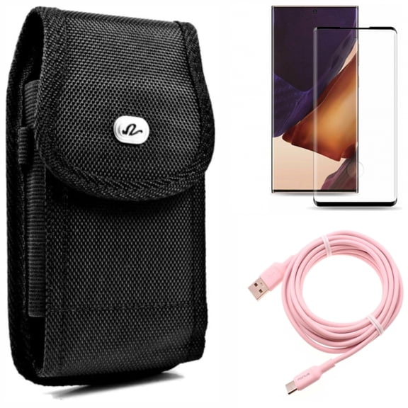 Case Belt Clip & Screen Protector & 10ft Long USB-C Cable for Samsung Galaxy Note 20 Ultra (6.9") - Combo with Rugged Holster & Tempered Glass (Fingerprint Unlock) & Pink Charger Cord