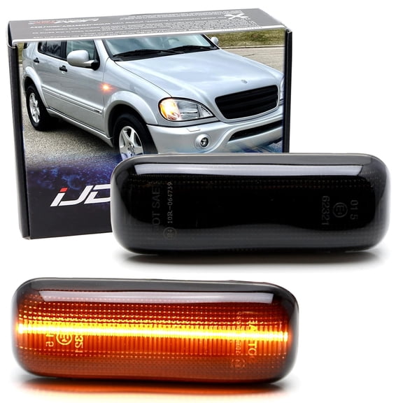 Black-Out Smoked Lens Amber Full LED Strip Illuminated Fender Side Marker Turn Signal Indicator Lights For 1998-2003 Mercedes W163 ML320 ML430 ML55 AMG