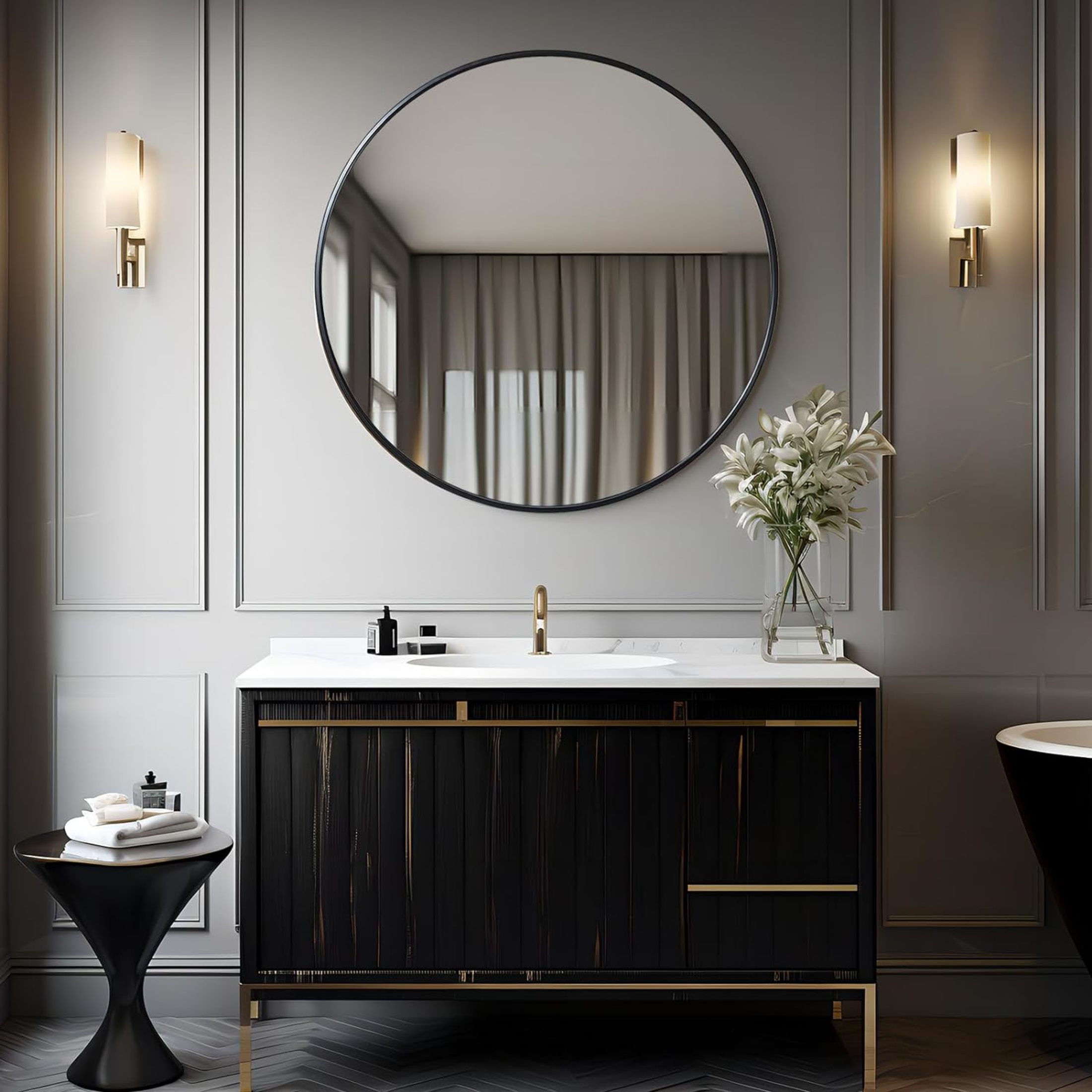 Noble House 42" Round Metal Wall Mirror, Vanity Mirror for Bathroom, Bedroom & Living Room, Black