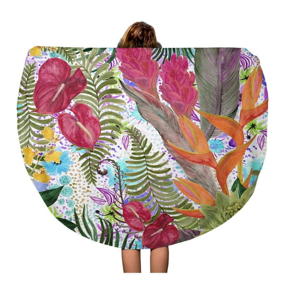 POGLIP 60 inch Round Beach Towel Blanket Watercolor Tropical Pattern Exotic Flowers Bird of Paradise Orchidea Travel Circle Circular Towels Mat Tapestry Beach Throw