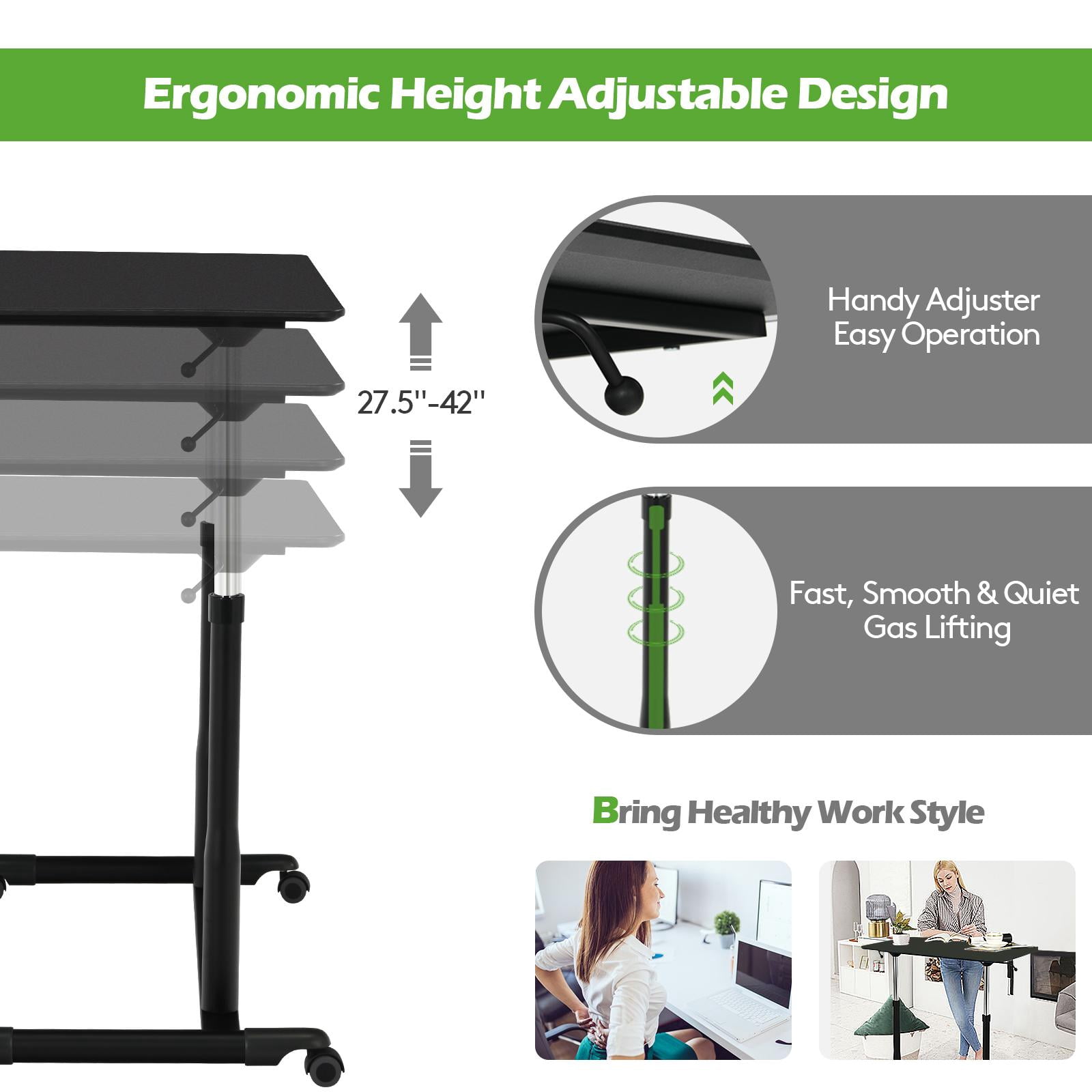 Giantex Mobile Height Adjustable Standing Desk, Compact Pneumatic Sit to Stand Computer Desk w/ Lockable Casters, Ergonomic Rolling Laptop Table for Home Office, Black