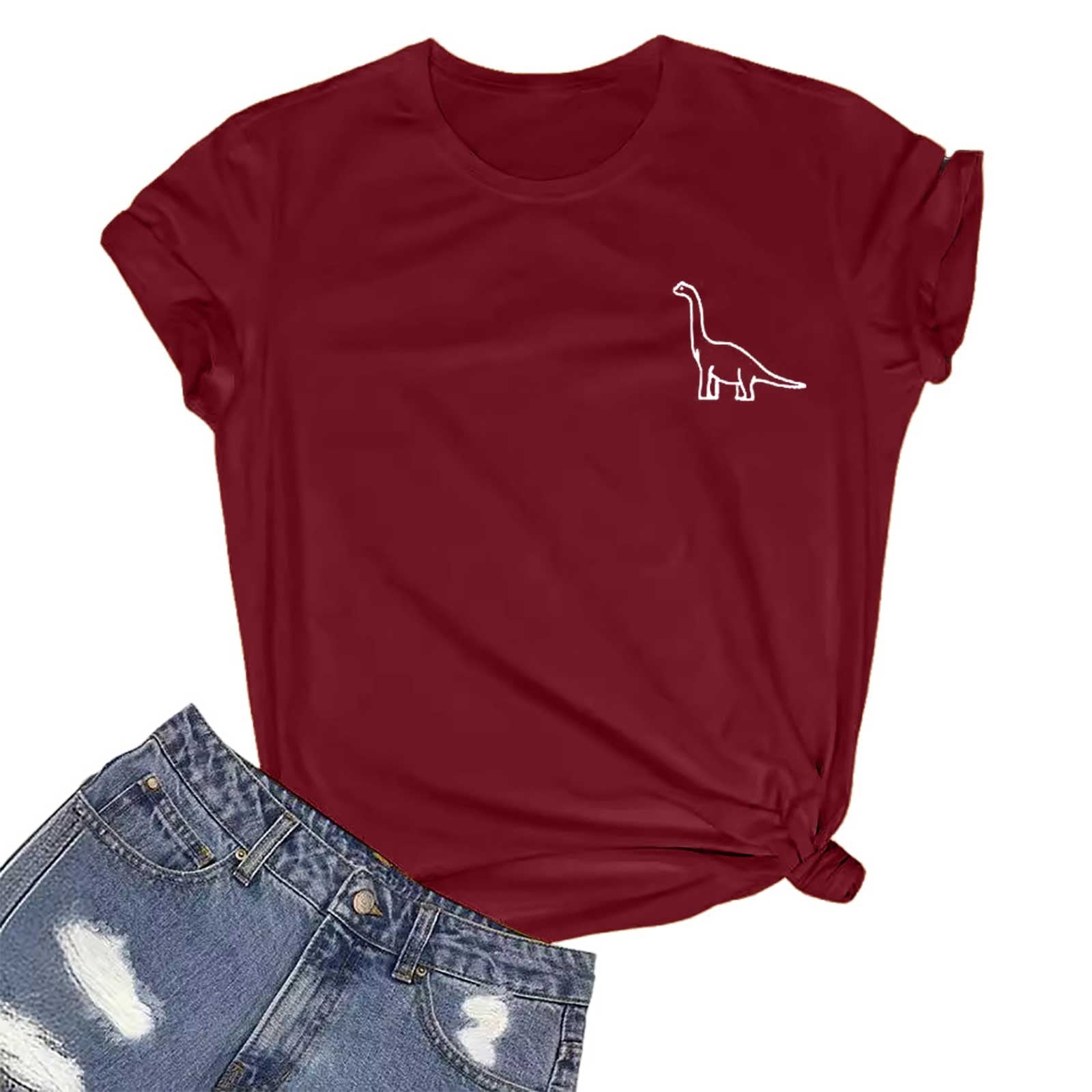WEIYLL Womens Tshirt Small Dinosaur Print Red Tops Sizes XL
