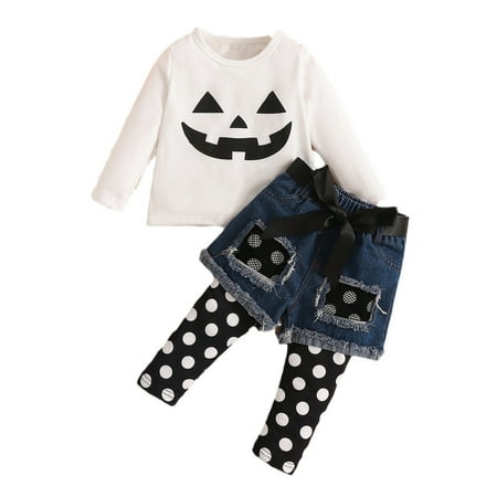 

QBGSAY Little Child Outfits Sets Toddler Girls Long Sleeve Pumpkin Prints Tops T Shirt Denim Shorts Pants Trousers Outfits Kids Sweatsuit Set