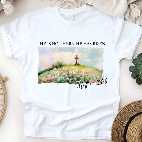 He Is Not Here, He Has Risen T-Shirt | Christian Cross and Scripture Matthew 28:6 Tee, White, Size S