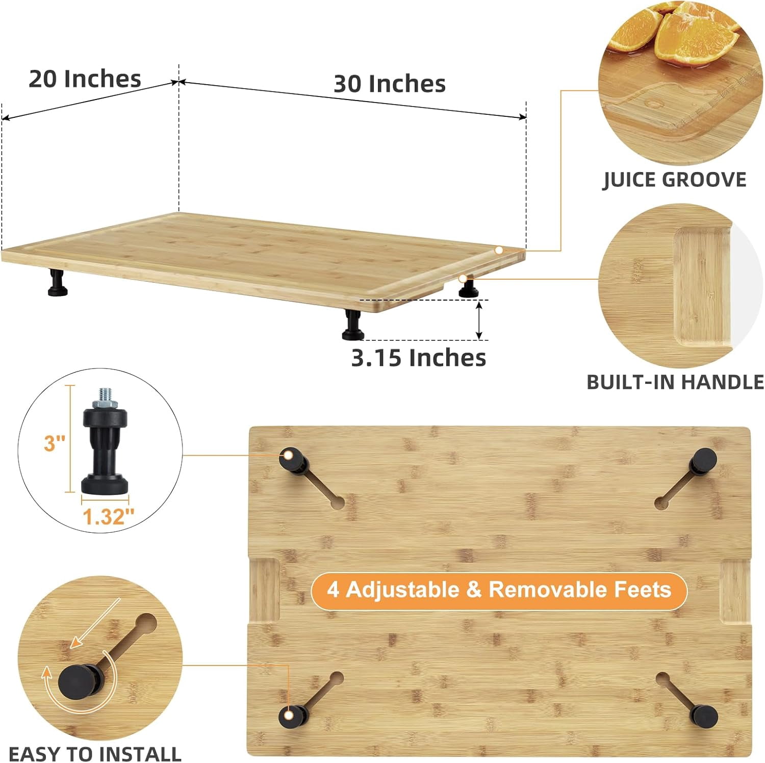 Premium Carbonized Bamboo Stove Cover & Cutting Board Set, 30"x20" & 32"x21" Options w/Removable Feet, Juice Groove, Multi-Functional Kitchen Solution for RV, Camping & Small Spaces