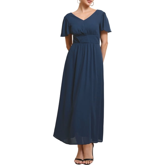 INSPIRE CHIC Women's Wedding Guest Dress Chiffon V Neck Pleated A-Line Maxi Formal Coctkail Dresses S Dark Blue