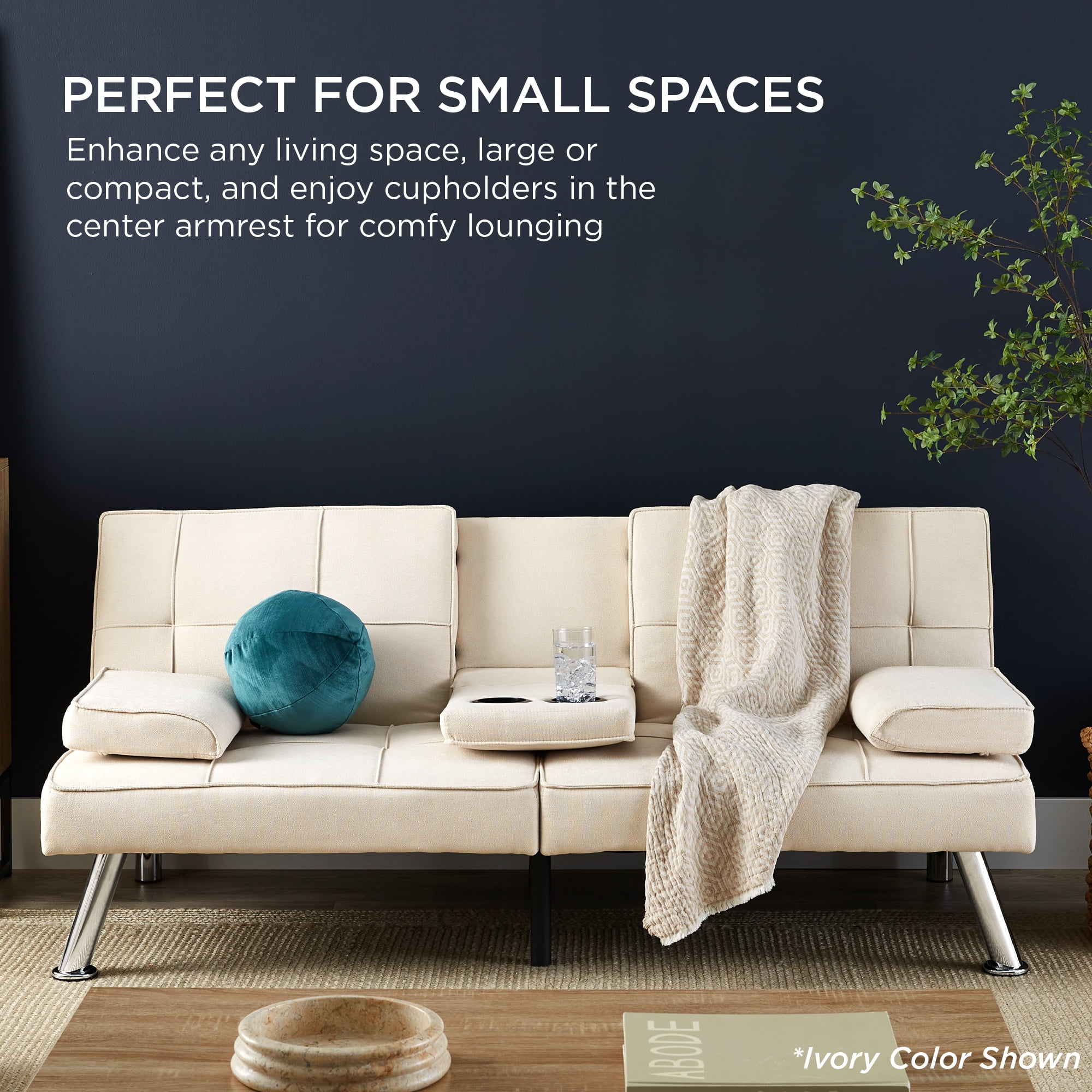 Best Choice Products Modern Linen Convertible Futon Sofa Bed w/ Removable Armrests, Metal Legs, Cupholders - Beige